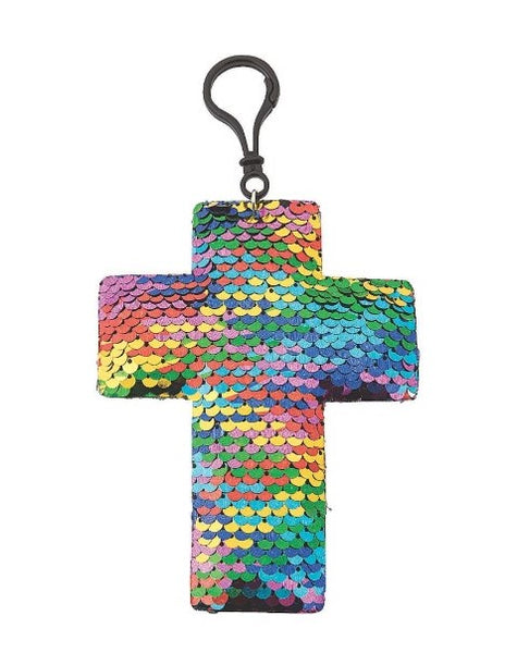 multicoloured sequin cross keychain / clip.