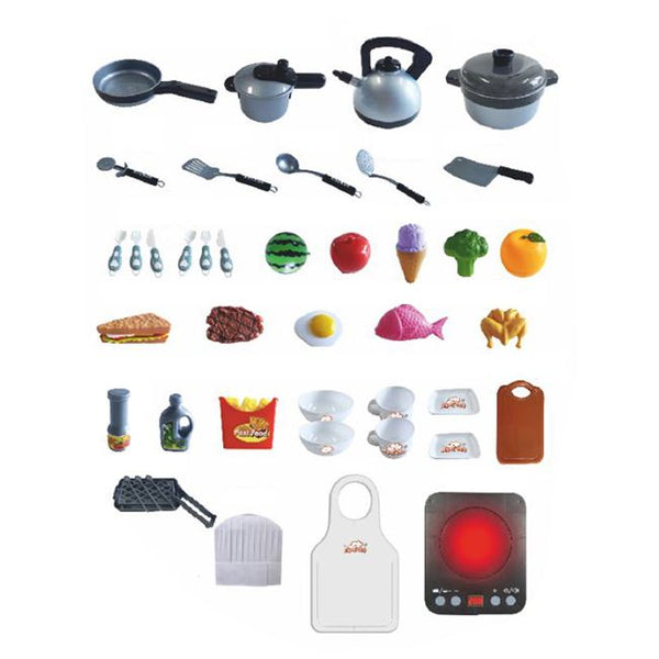 little greek chefs cooking and kitchen set includes electronic stove eye, apron, kettle, pots, cutlery, crockery, food items