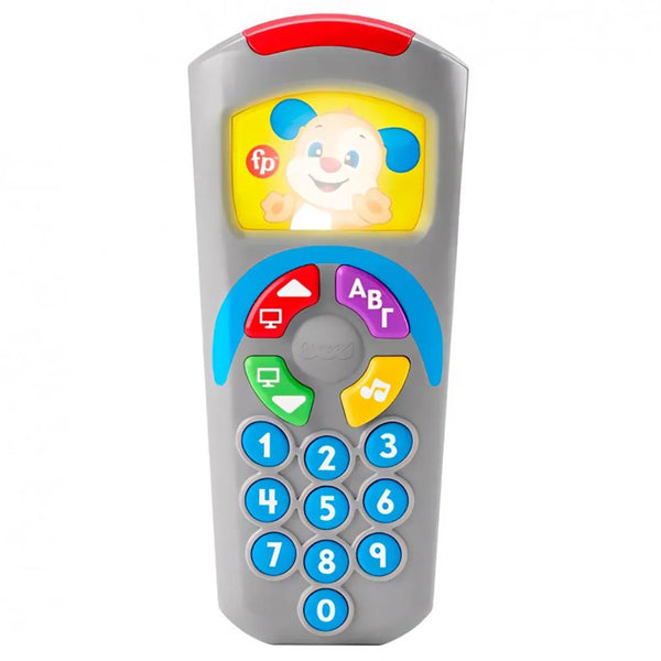 Toy remote control with colorful buttons including the greek alphabet and a screen displaying a cartoon character on a white background