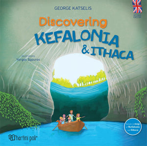 Book cover of 'Discovering Kefalonia & Ithaca' with a boat and cave illustration. English version
