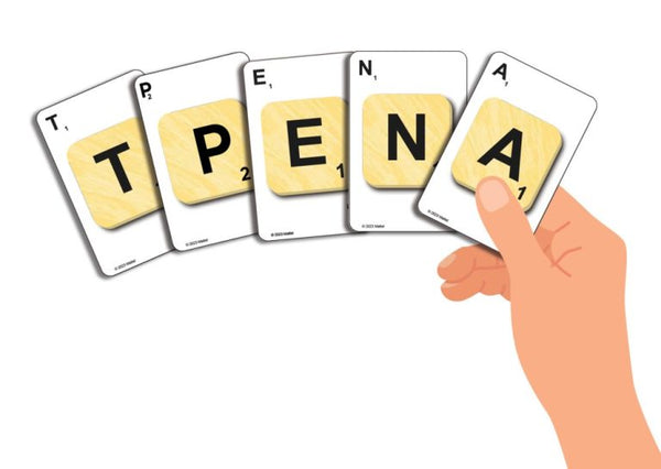 Hand holding Scrabble tiles spelling 'TPENA' (which means train in greek language) on a white background