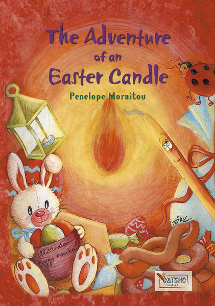 Book cover of 'The Adventure of an Easter Candle' with a candle, bunny, and Easter eggs on a red background.